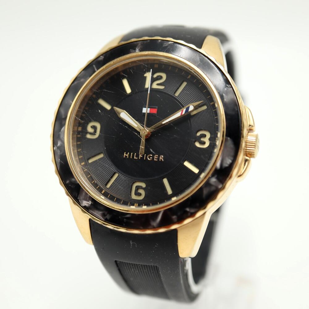 Tommy Hilfiger 40mm Black Gold Tone Watch Pearlescent Bezel w New Battery